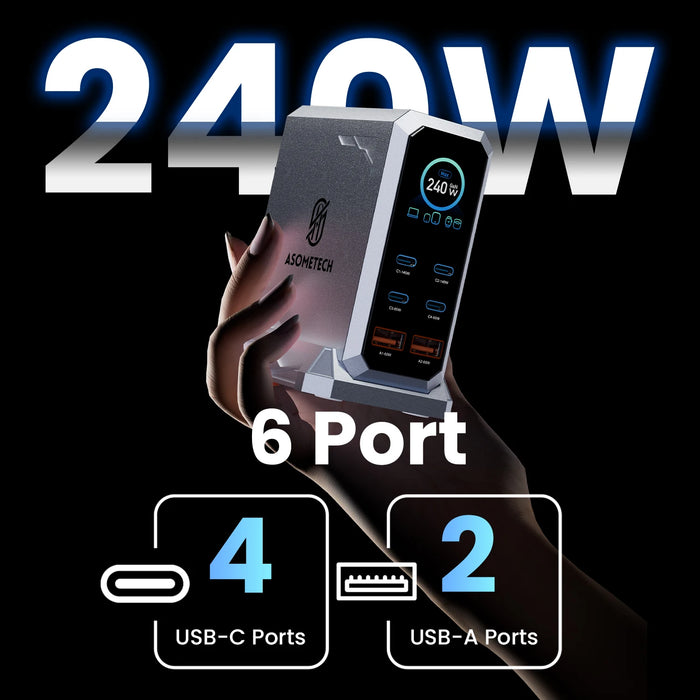 240W GaN 6-in-1 Charger — 140W PD3.1, Digital Display & Ambient Light (USB‑C / USB‑A)