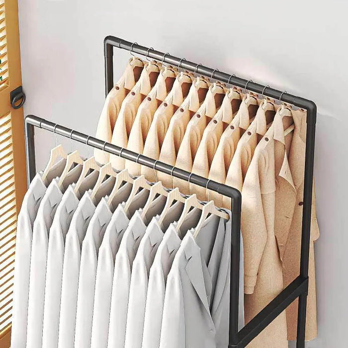 Double‑Rod Mobile Clothes Rack with Wheels — Black Metal