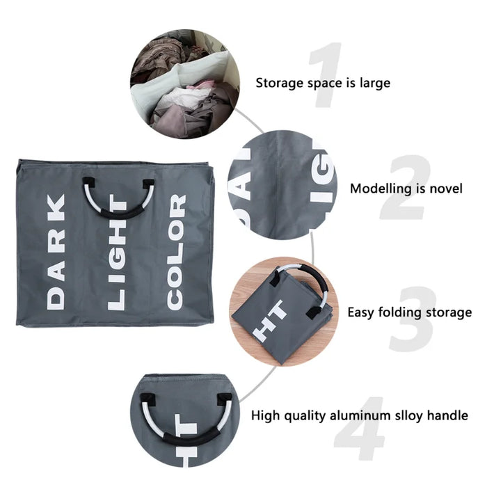 Foldable 3‑Section Laundry Hamper — Large Oxford Cloth with Aluminium Handle