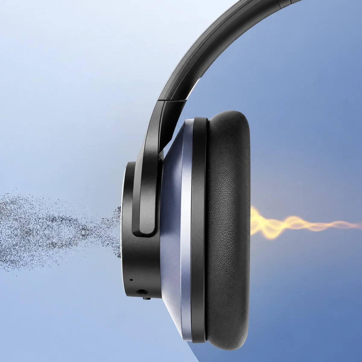 Illustrazione originale del padiglione che mostra la porta del microfono esterno e l’interno imbottito, con rumore all’esterno e un’onda sonora all’interno