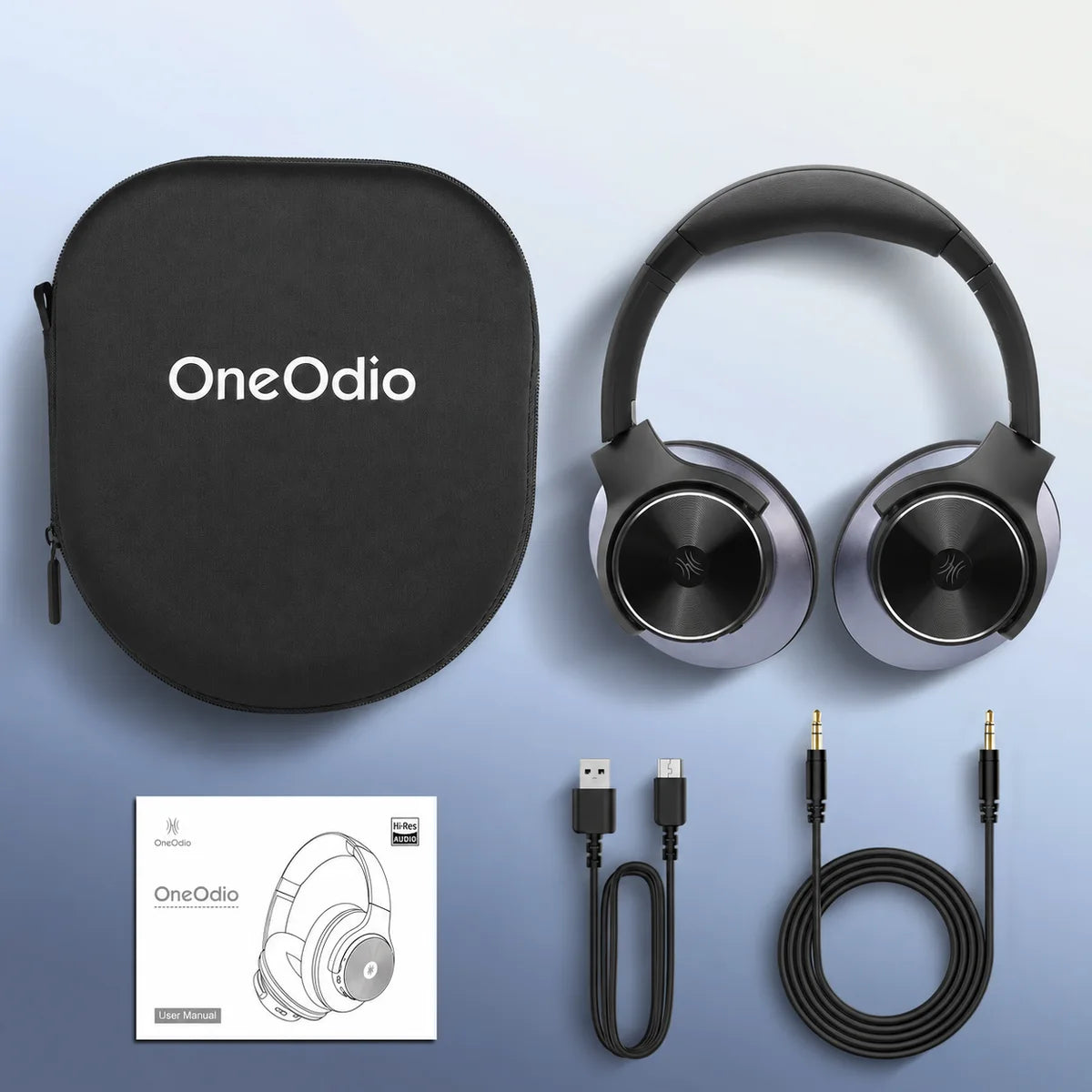 Accessori inclusi: cuffie, custodia EVA OneOdio, cavo USB-C, cavo da 3,5 mm e guida utente