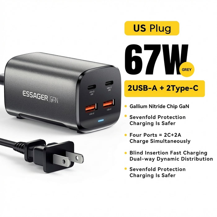 67W GaN USB‑C Desktop Charger — PD/QC Fast Charging, 2C+2A Ports for MacBook, Samsung, iPhone 15