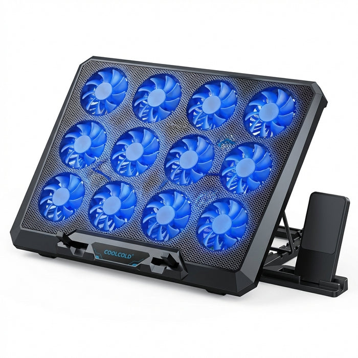 Laptop Cooling Pad with 12 Quiet Fans — 12–17.3‑inch Cooler Stand with Dual USB & Phone Holder