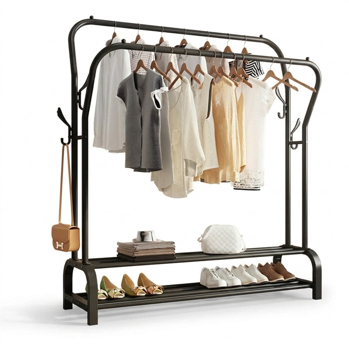 Double Rail Standing Clothes Rack with Mesh & Bottom Shelves — White or Black