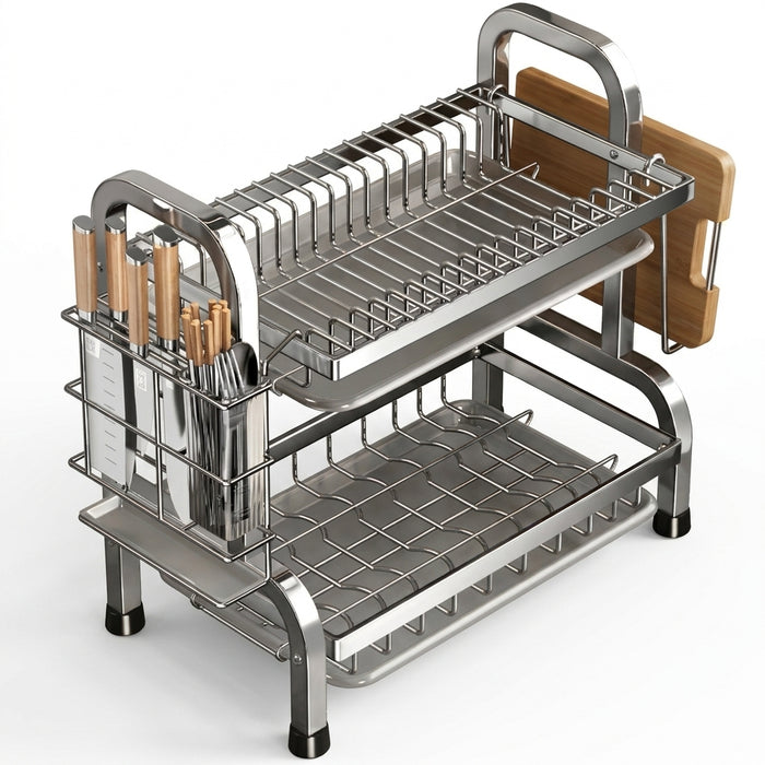 Compact Dish Drying Rack with Drainboard and Utensil Holder – Rust‑Proof Metal