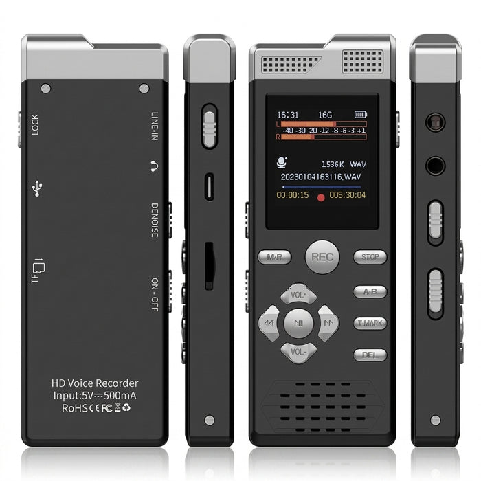 Digital Voice Recorder & MP3 Player — Dual Microphones, Voice‑Activated, Password Protection, Line‑in