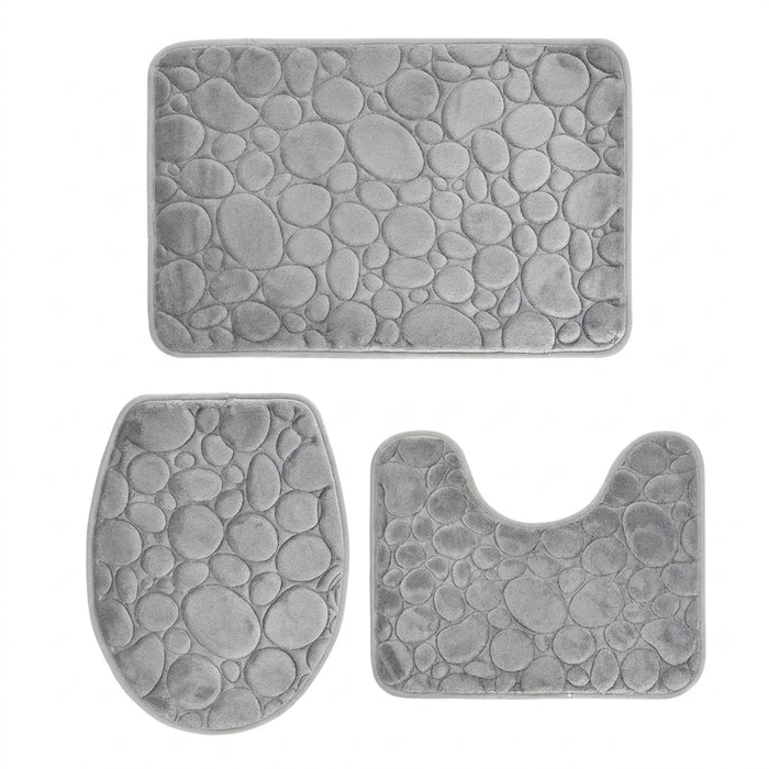 Three‑Piece Stone‑Pattern Microfibre Bathroom Mat Set — Water‑Absorbent & Non‑Slip
