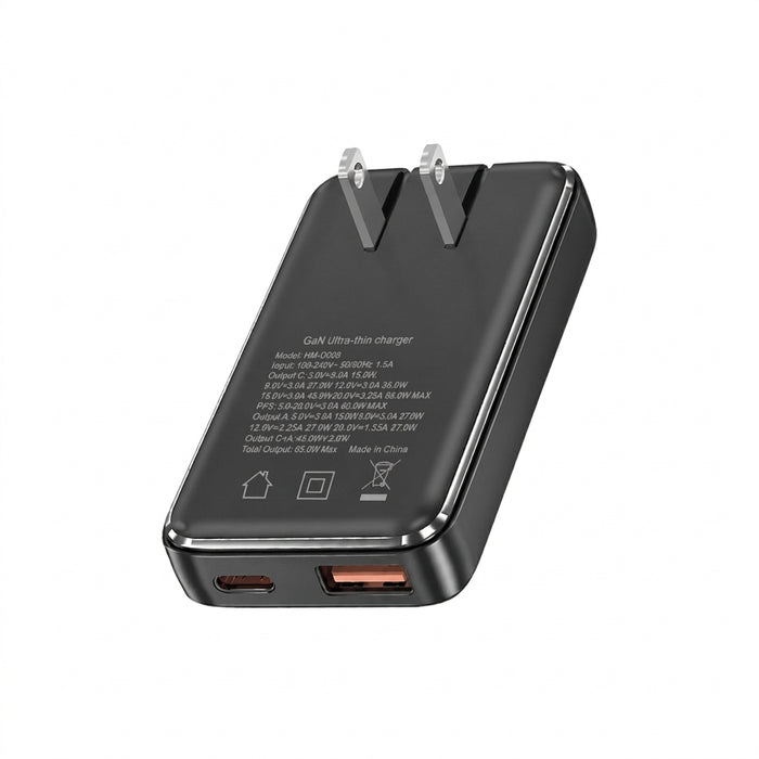 PD 65W Ultra-thin GaN Dual-Port Travel Charger with US/EU/UK/KR Interchangeable Plugs