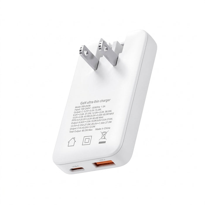 PD 65W Ultra-thin GaN Dual-Port Travel Charger with US/EU/UK/KR Interchangeable Plugs