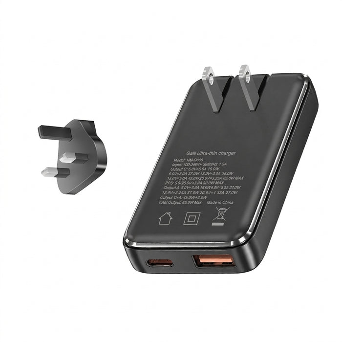 PD 65W Ultra-thin GaN Dual-Port Travel Charger with US/EU/UK/KR Interchangeable Plugs