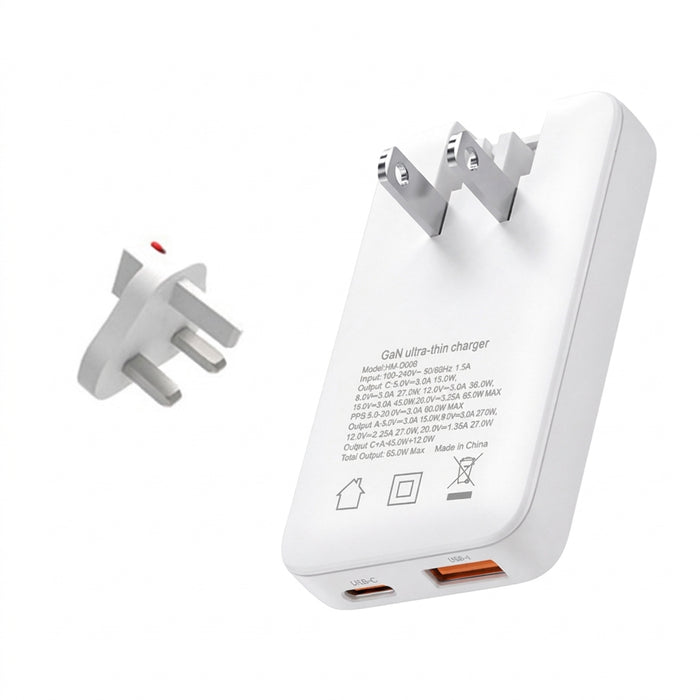 PD 65W Ultra-thin GaN Dual-Port Travel Charger with US/EU/UK/KR Interchangeable Plugs