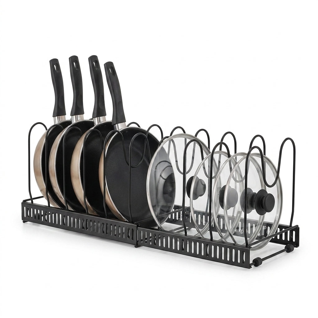 Expandable Pan & Lid Organiser Rack – 10 Adjustable Dividers, 2 Metal Frames