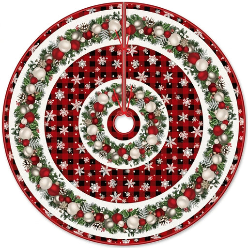 Red and Black Check Christmas Tree Skirt with Snowflake Design