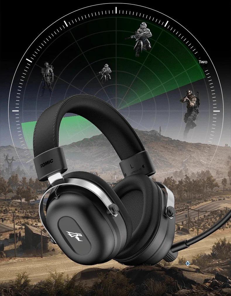 Herstellerillustration des Commander-Headsets mit einem gerichteten Schallfeld über einer Spielwelt-Landschaft