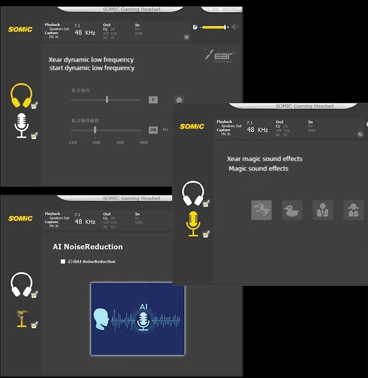 SOMiC-Treibersoftware mit Bassanpassung, Stimmeffekten und KI-Rauschunterdrückung für das Mikrofon